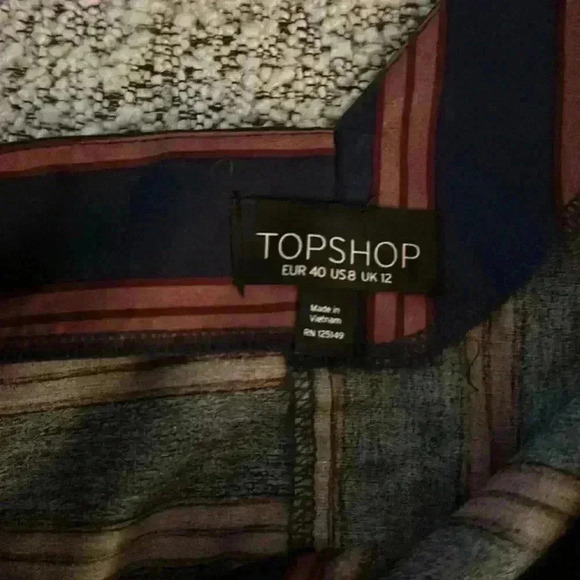 Topshop Women's Blue/Pink Stripe One Shoulder Puff Sleeve Top Size 8 Tie Waist - Picture 3 of 5
